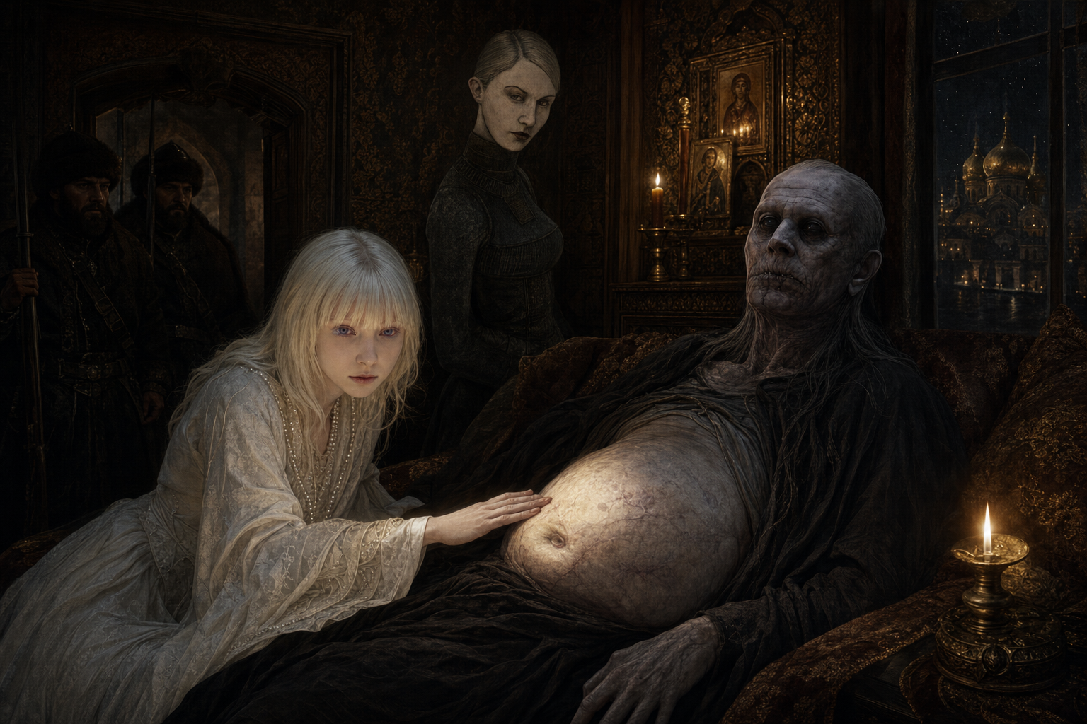 Maddalena examine le ventre déformé de l'imposteur au visage de Constantino, sous le regard de Nathalia